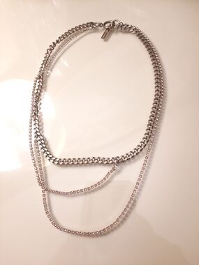 Justine Clenquet Silver & Pink Rhinestone Draped Layered Necklace